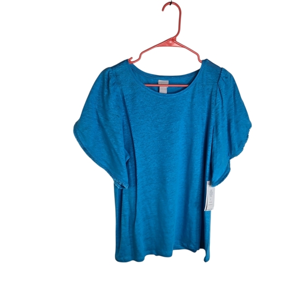 Chicos Tranquil Turquoise Blue Linen Short Tulip Sleeve Tee Tshirt New - Picture 1 of 11